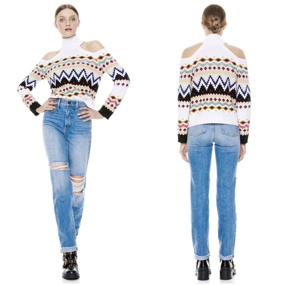 Alice + Olivia White Multicolor Cold-Shoulder Fair Isle Sweater